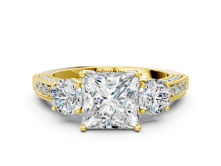 Yellow gold Princess Three-Stone Diamond Ring with Pavé Band and Four-Prong Setting