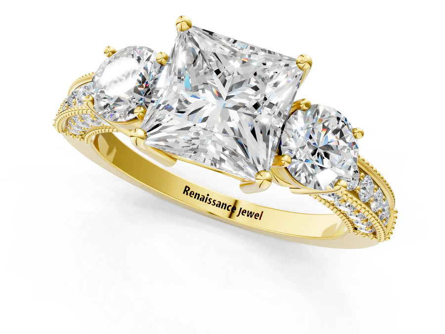 Yellow gold Princess Three-Stone Diamond Ring with Pavé Band and Four-Prong Setting