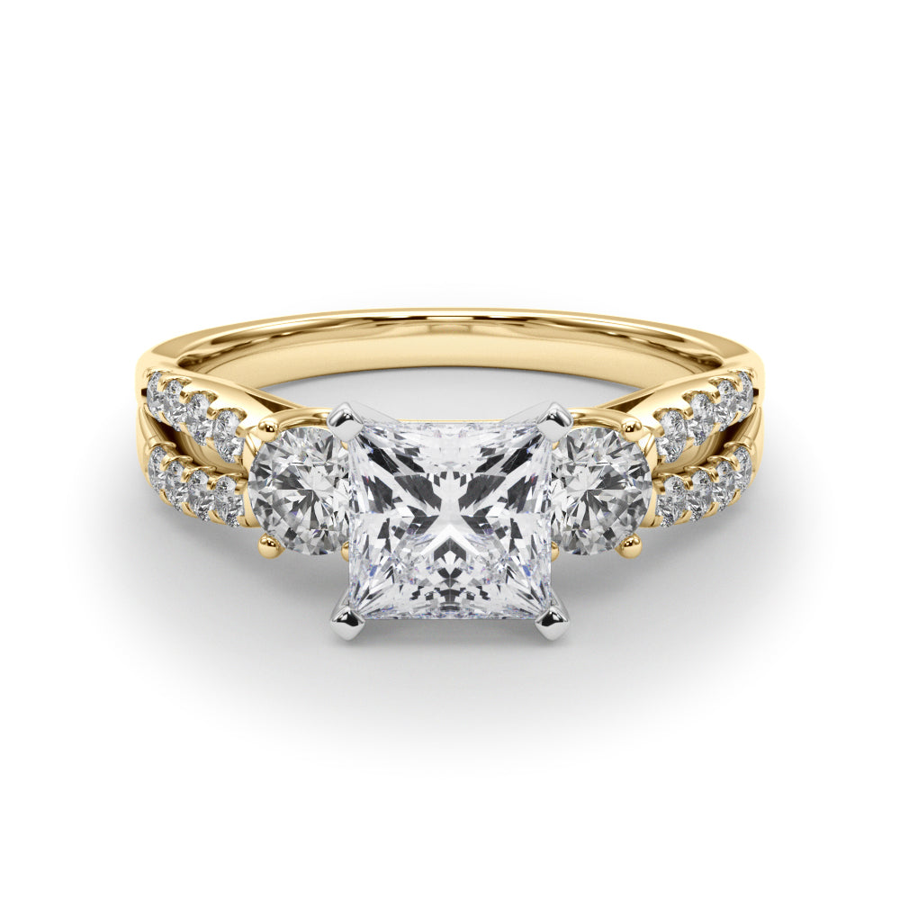 Yellow gold Princess Three-Stone Diamond Ring with Pavé Split Shank and Four-Prong Setting 1