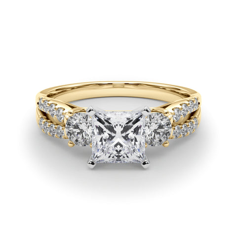 Yellow gold Princess Three-Stone Diamond Ring with Pavé Split Shank and Four-Prong Setting 1