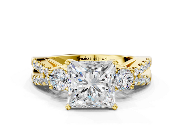 Yellow gold Princess Cut Diamond Three-Stone Ring with Pavé Split Shank and Four-Prong Setting