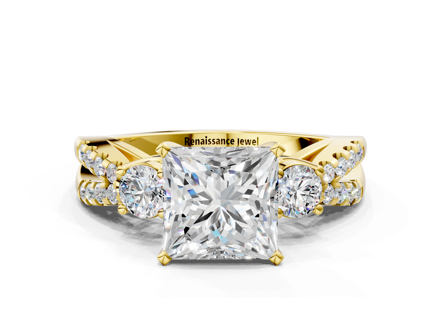 Yellow gold Princess Cut Diamond Three-Stone Ring with Pavé Split Shank and Four-Prong Setting