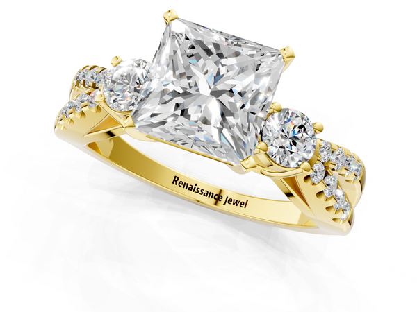 Yellow gold Princess Cut Diamond Three-Stone Ring with Pavé Split Shank and Four-Prong Setting