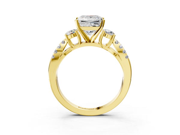 Yellow gold Princess Cut Diamond Three-Stone Ring with Pavé Split Shank and Four-Prong Setting