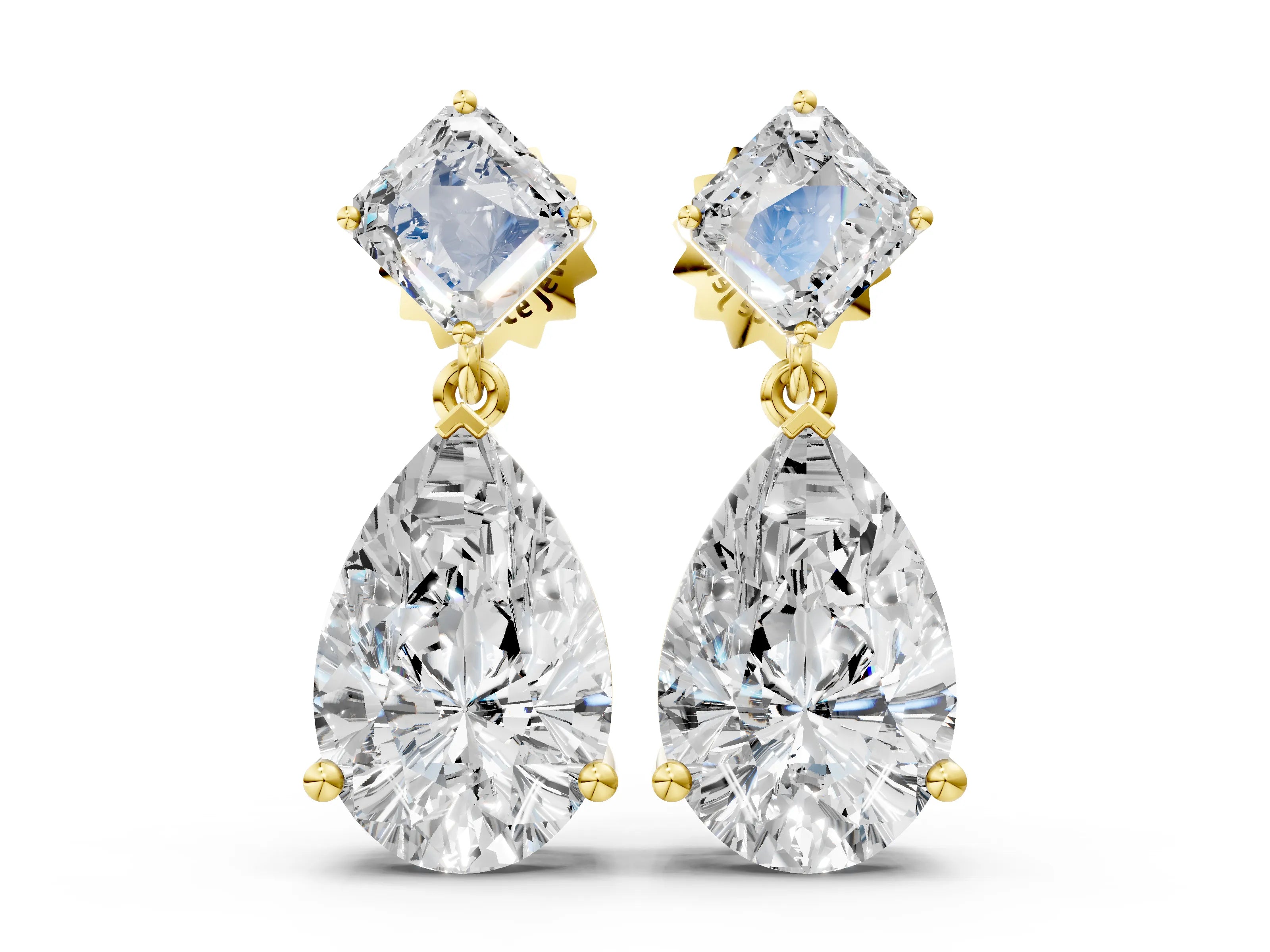 Yellow gold Princess and Pear Diamond Drop Earrings