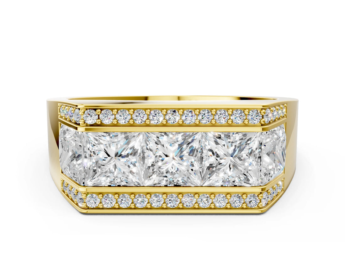 Yellow gold Princess and Round Diamond Channel Pavé Mens Band_12