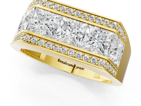 Yellow gold Princess and Round Diamond Channel Pavé Mens Band