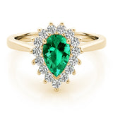 Yellow gold Prong-Set Pear-Cut Emerald with Diamond Halo and White Gold Band 1