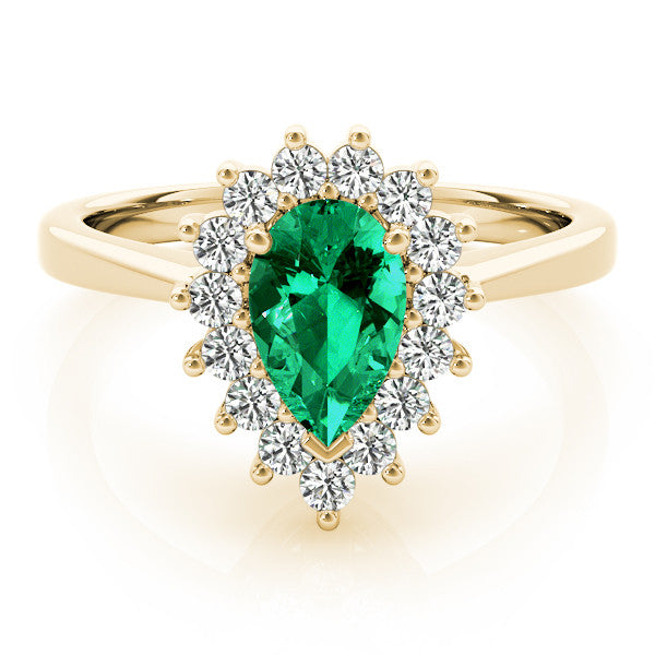 14K Yellow Gold Prong-Set Pear-Cut Emerald with Diamond Halo and White Gold Band