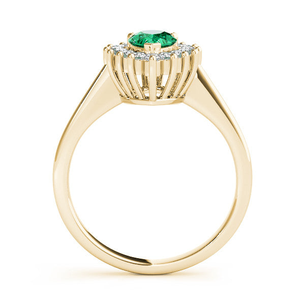 14K Yellow Gold Prong-Set Pear-Cut Emerald with Diamond Halo and White Gold Band