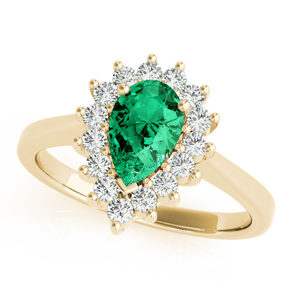 14K Yellow Gold Prong-Set Pear-Cut Emerald with Diamond Halo and White Gold Band