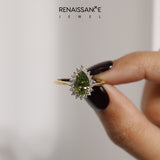 Yellow gold Prong-Set Pear-Cut Emerald with Diamond Halo and White Gold Band_16