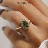 Yellow gold Prong-Set Pear-Cut Emerald with Diamond Halo and White Gold Band_19