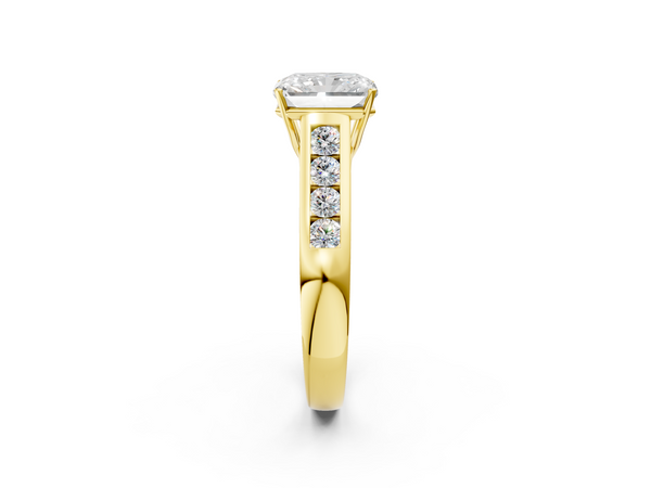 Yellow Gold Radiant Cut Channel Set Side Stone Engagement Ring Setting with Round Accents