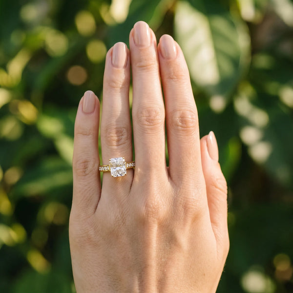 Yellow gold Radiant Brilliant Cut Diamond Engagement Ring with Pavé Band and Four-Prong Setting