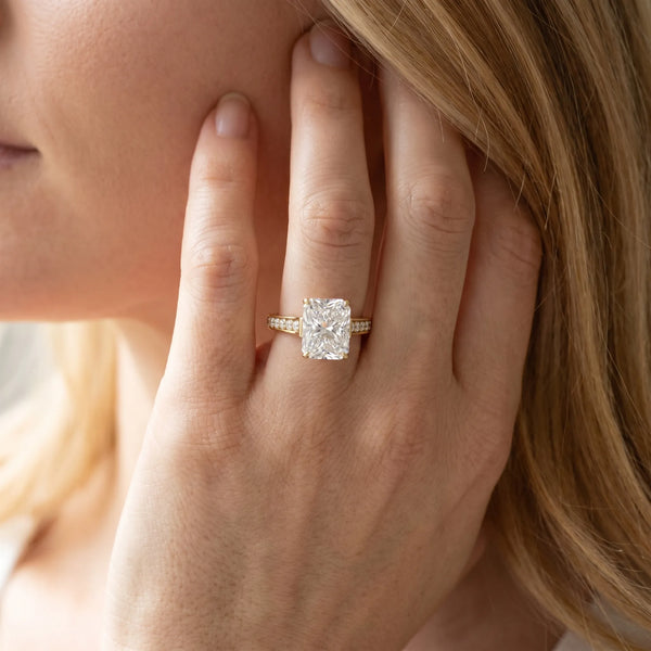 Yellow gold Radiant Brilliant Cut Diamond Engagement Ring with Pavé Band and Four-Prong Setting