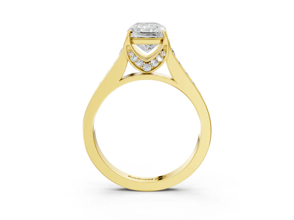Yellow gold Radiant Brilliant Cut Diamond Engagement Ring with Pavé Band and Four-Prong Setting