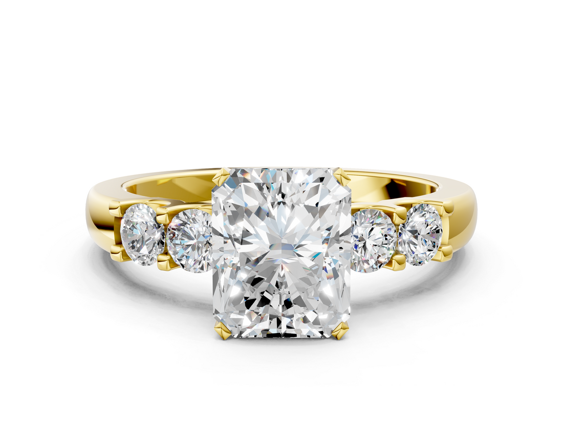 Yellow gold Radiant Brilliant Cut Diamond Five-Stone Prong Set Engagement Ring with Channel Band_23