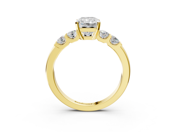 Yellow gold Radiant Brilliant Cut Diamond Five-Stone Prong Set Engagement Ring with Channel Band