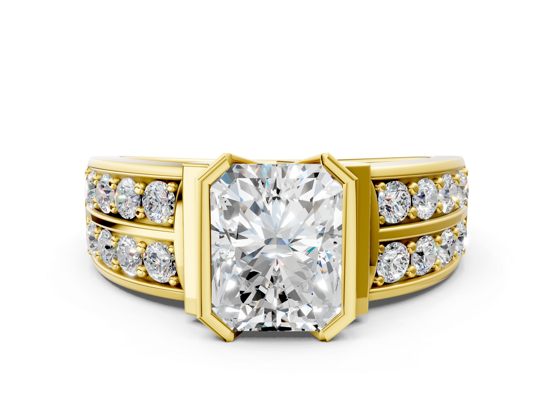 Yellow gold Radiant Brilliant Diamond Channel Set Wide Band Ring with Bezel Setting_20