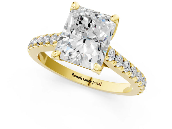 Yellow gold Radiant Brilliant Diamond Solitaire with Pavé Band and Four-Prong Setting