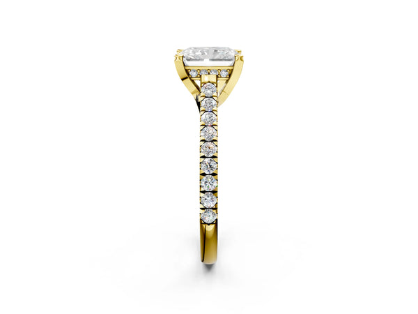 Yellow gold Radiant Brilliant Diamond Solitaire with Pavé Band and Four-Prong Setting