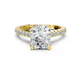 Yellow gold Radiant Brilliant Diamond Solitaire with Pavé Band and Four-Prong Setting