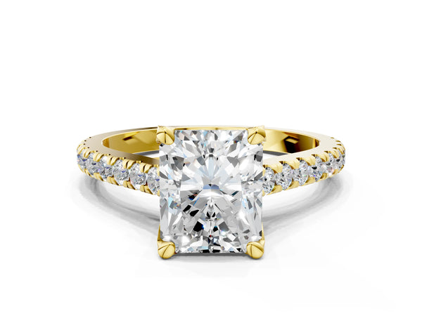 Yellow gold Radiant Brilliant Diamond Solitaire with Pavé Band and Four-Prong Setting