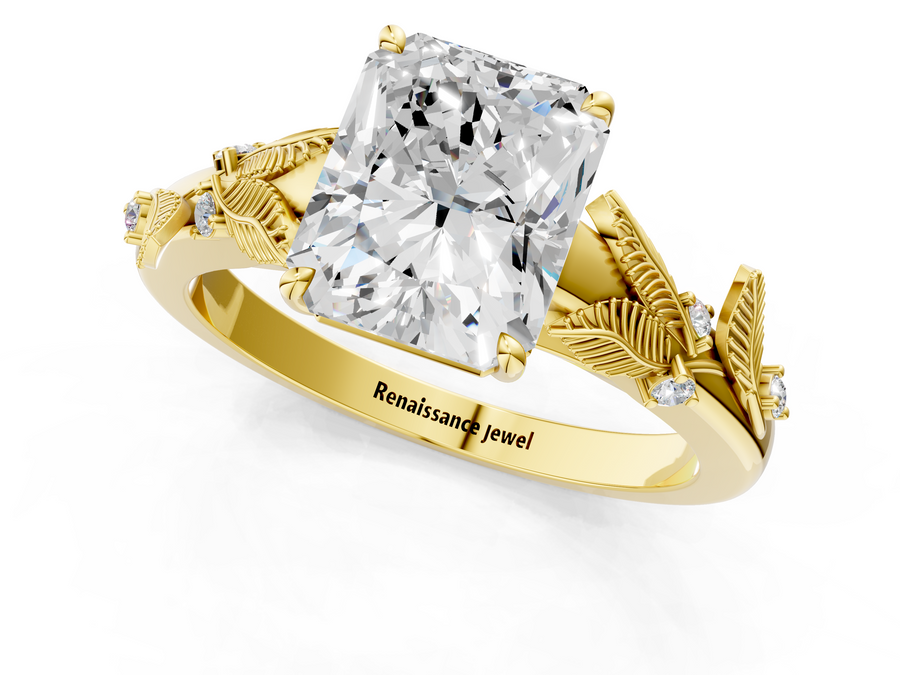 Yellow gold Radiant Cut Diamond Solitaire Ring with Leaf Motif Band and Four-Prong Setting