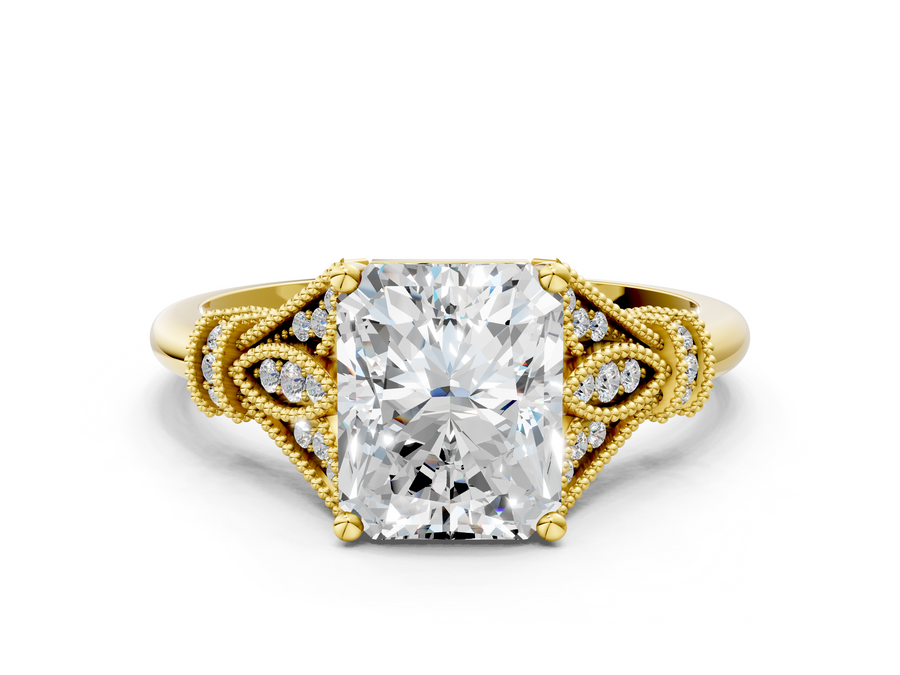 Yellow gold Radiant Diamond Solitaire Ring with Floral Filigree and Pave Accents