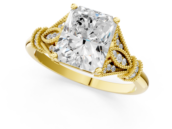 Yellow gold Radiant Diamond Solitaire Ring with Floral Filigree and Pave Accents