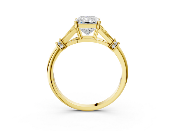 Yellow gold Radiant Diamond Solitaire Ring with Floral Filigree and Pave Accents