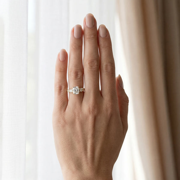 Yellow gold Radiant Brilliant Trilogy Channel Set Diamond Ring with Bar Prongs