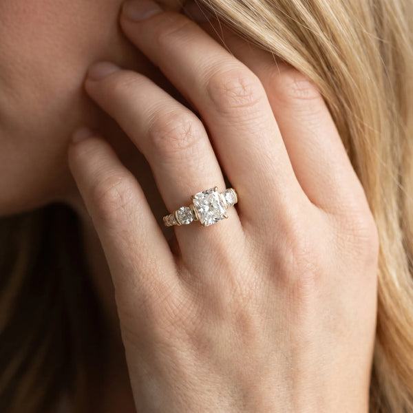 Yellow gold Radiant Brilliant Trilogy Channel Set Diamond Ring with Bar Prongs