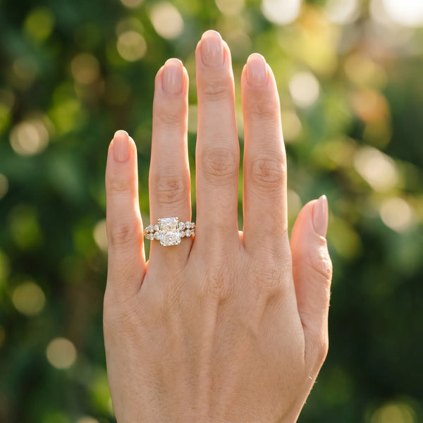 Yellow gold Radiant Cluster Diamond Engagement Ring with Pavé Band and Four-Prong Setting