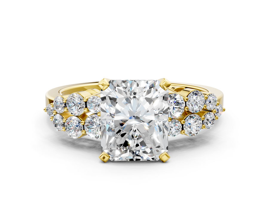 Yellow gold Radiant Cluster Diamond Engagement Ring with Pavé Band and Four-Prong Setting