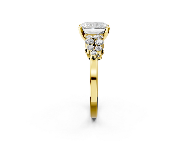 Yellow gold Radiant Cluster Diamond Engagement Ring with Pavé Band and Four-Prong Setting