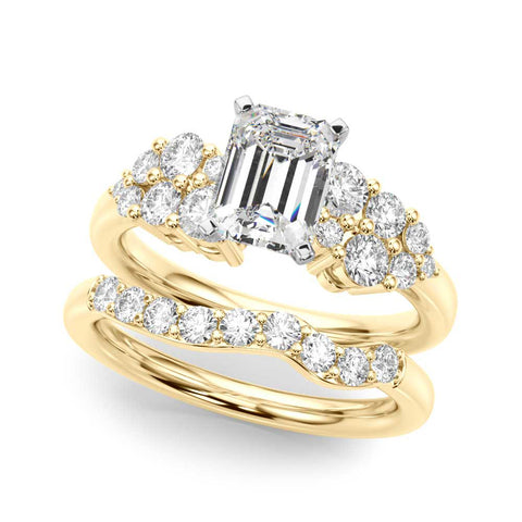 Yellow gold Radiant Cluster Diamond Engagement Ring with Pavé Band and Four-Prong Setting