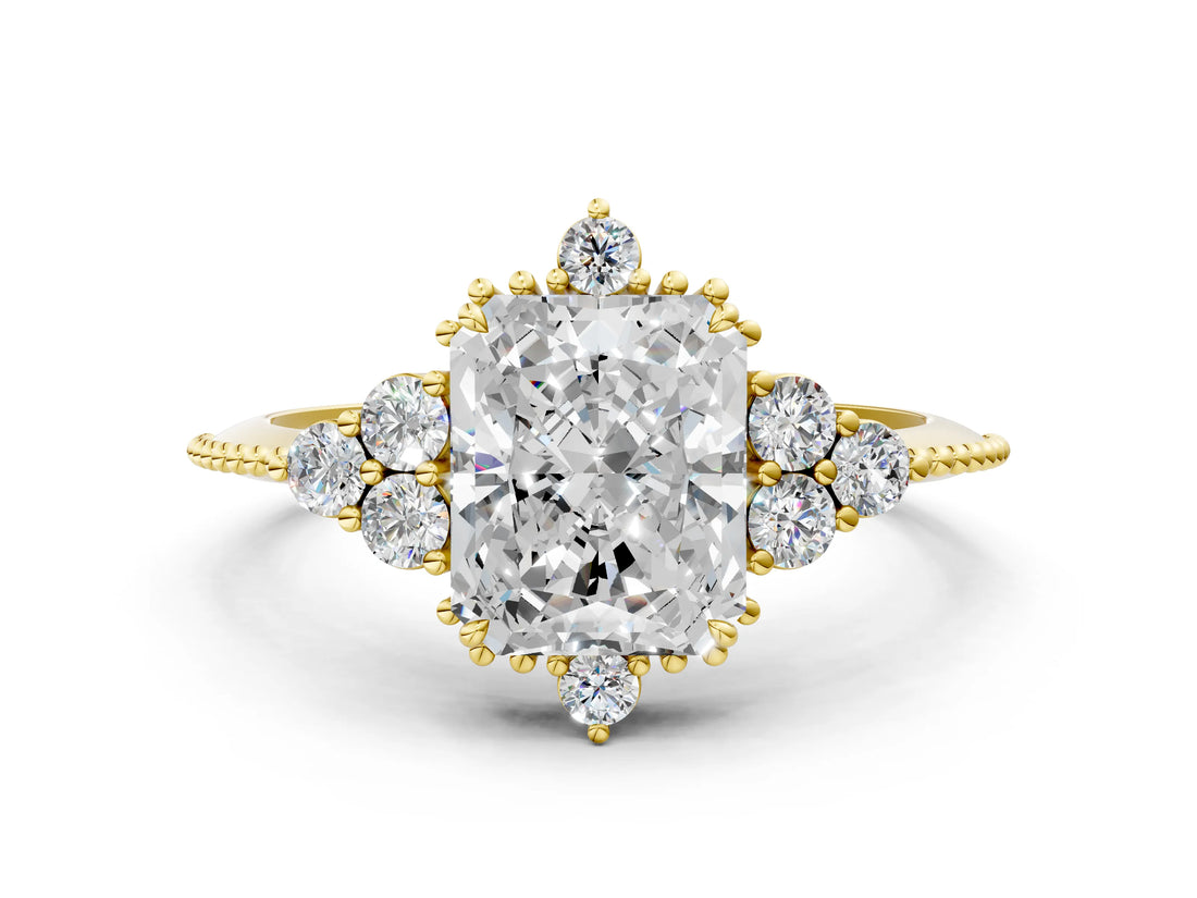 Yellow gold Radiant Cut Brilliant Diamond with Cluster Setting on a Beaded Band and Four-Prong Setting_15