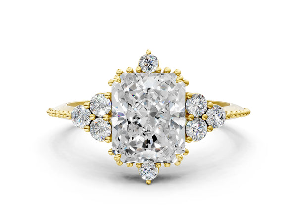 Yellow gold Radiant Cut Brilliant Diamond with Cluster Setting on a Beaded Band and Four-Prong Setting