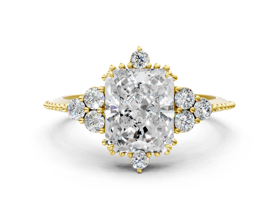 Yellow gold Radiant Cut Brilliant Diamond with Cluster Setting on a Beaded Band and Four-Prong Setting