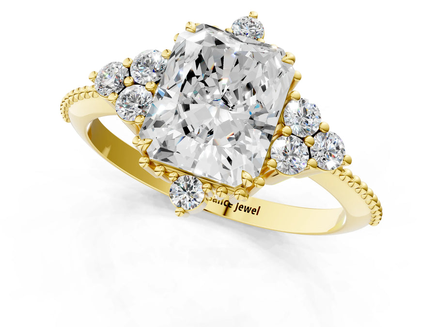 Yellow gold Radiant Cut Brilliant Diamond with Cluster Setting on a Beaded Band and Four-Prong Setting