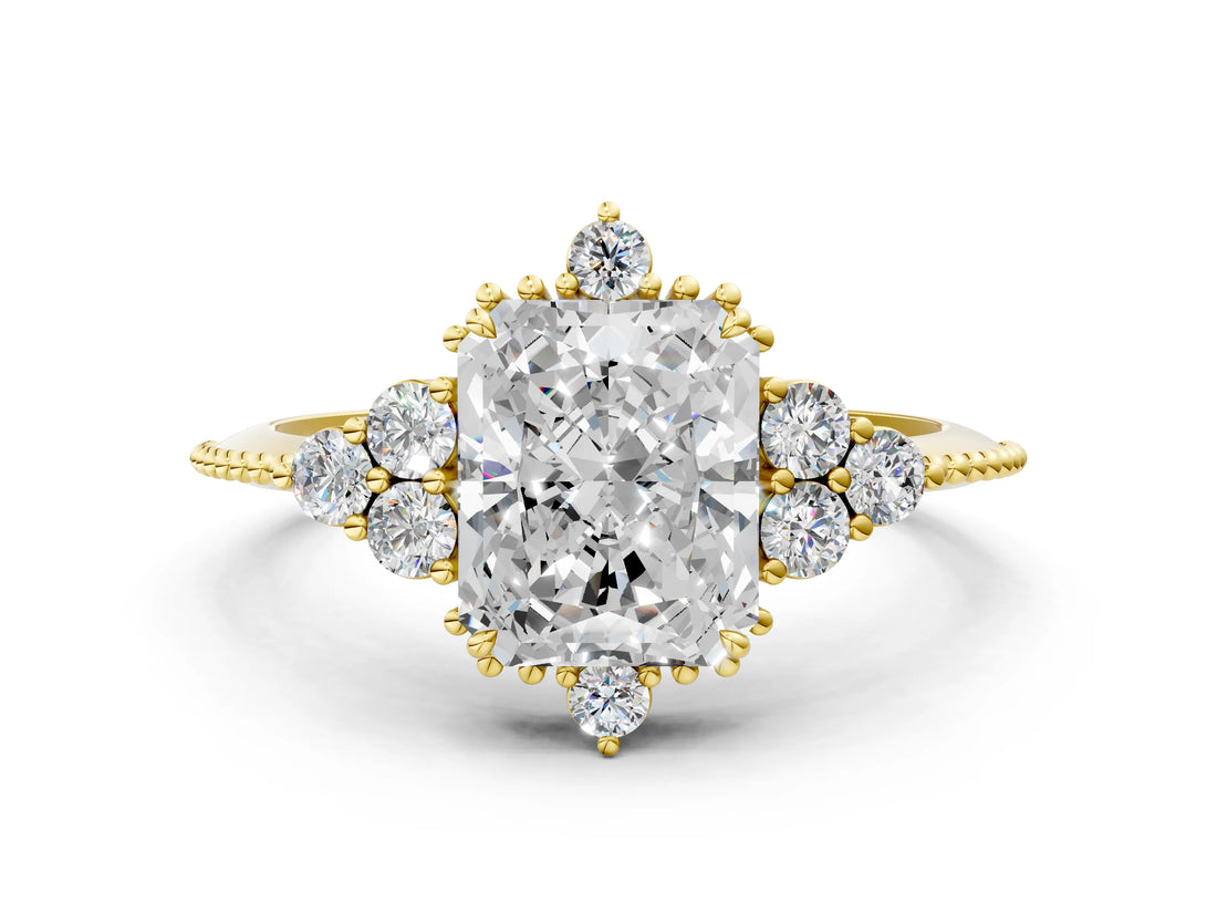 Yellow gold Radiant Cut Brilliant Diamond with Cluster Setting on a Beaded Band and Four-Prong Setting_3