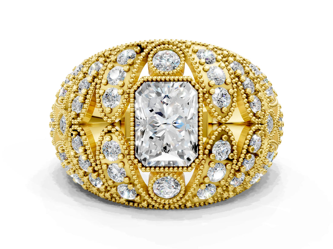 Yellow gold Radiant Cut Brilliant Halo Pave Diamond Milgrain Ring_13