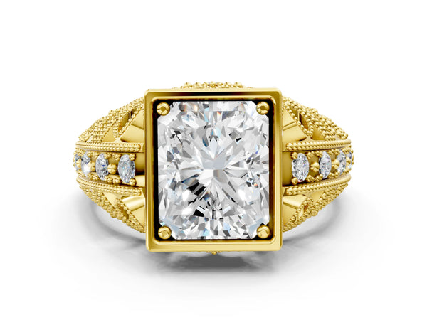 Yellow gold Radiant Cut Brilliant Milgrain Filigree Diamond Ring with Square Prong Setting