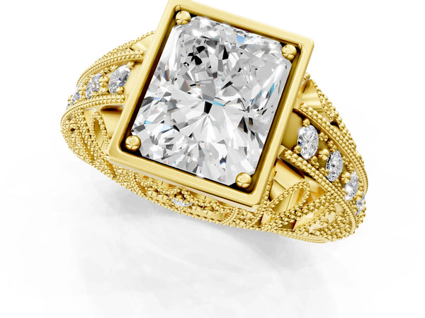 Yellow gold Radiant Cut Brilliant Milgrain Filigree Diamond Ring with Square Prong Setting