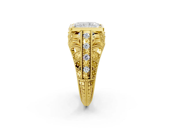 Yellow gold Radiant Cut Brilliant Milgrain Filigree Diamond Ring with Square Prong Setting