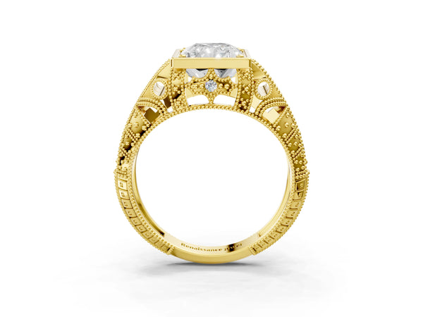 Yellow gold Radiant Cut Brilliant Milgrain Filigree Diamond Ring with Square Prong Setting