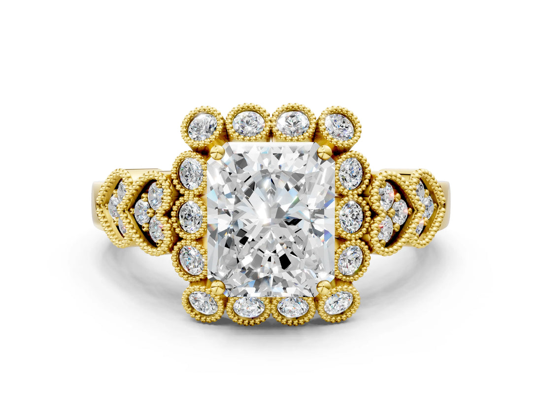 Yellow gold Radiant Cut Brilliant Milgrain Pave Heart Band Solitaire Ring_3