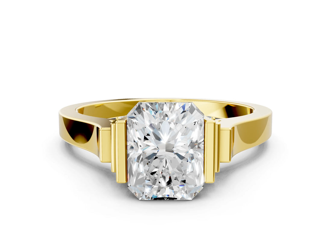Yellow gold Radiant Cut Brilliant Solitaire Diamond Ring with Channel Set Band and Bar Prong Setting_12